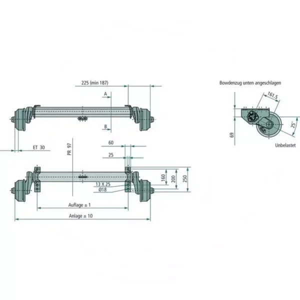 Akseli AL-KO 1000kg jarrullinen 850-10 1600/2055mm 4 X 100 2051 Jarrut